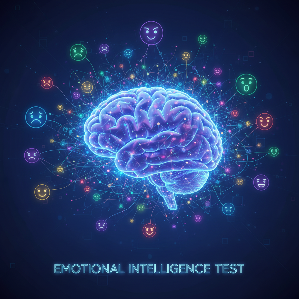 En glødende hjerne omgitt av fargerike følelser og ansikter som viser emosjonell intelligens.