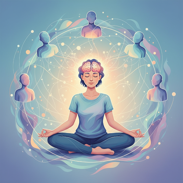 Et abstrakt bilde som viser en person i rolig meditasjon med glødende hjerne og hjerte, omgitt av forbundne mennesker som symboliserer emosjonell intelligens og relasjoner.