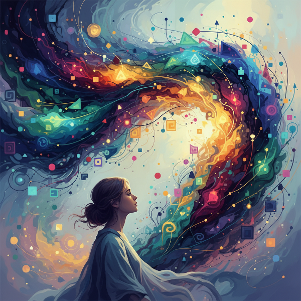 Et bilde som viser en person i refleksjon foran et abstrakt, fargerikt kart over følelser og relasjoner.