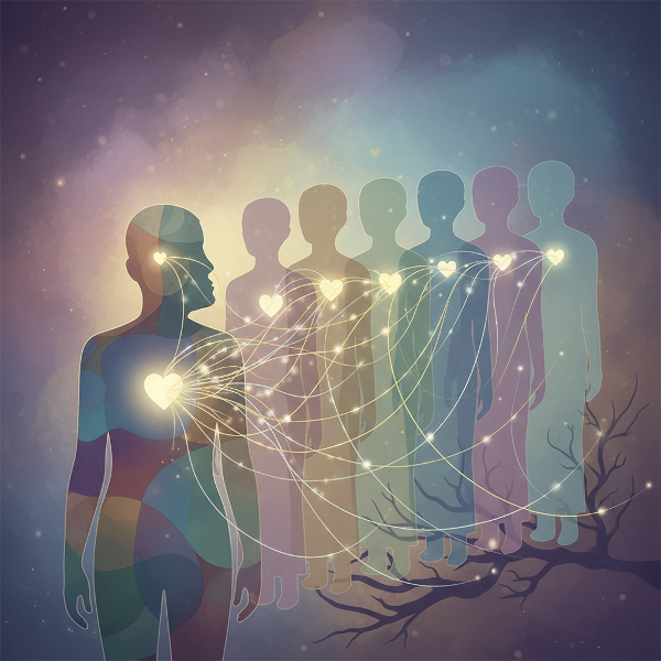 Et bilde som viser gjennomsiktige lag av familiens generasjoner som smelter sammen med en moderne person, forbundet av lysende tråder som symboliserer arv og bevisstgjøring.