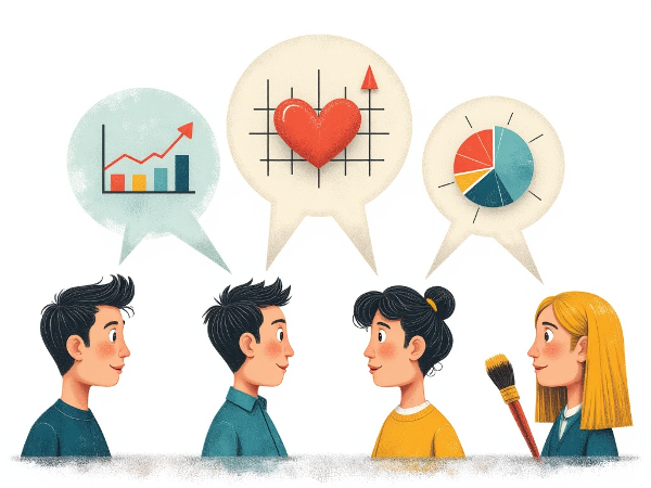 Et abstrakt bilde som viser fire symboler som representerer kommunikasjonsstilene: Analytisk med diagram, Empatisk med hjerte, Direkte med pil, og Kreativ med malerkost. De er forbundet i et nettverk.