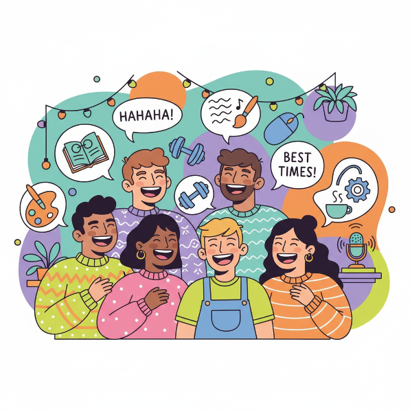 Et fargerikt og humoristisk bilde av en gruppe venner som ler sammen i en sosial situasjon, med talebobler og morsomme ikoner som symboliserer ulike personlighetstrekk.