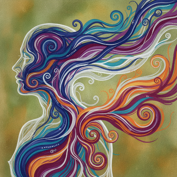 Et abstrakt bilde som viser skjulte følelsesstrømmer som renner gjennom en menneskesilhuett, med farger som representerer ulike emosjonelle mønstre.