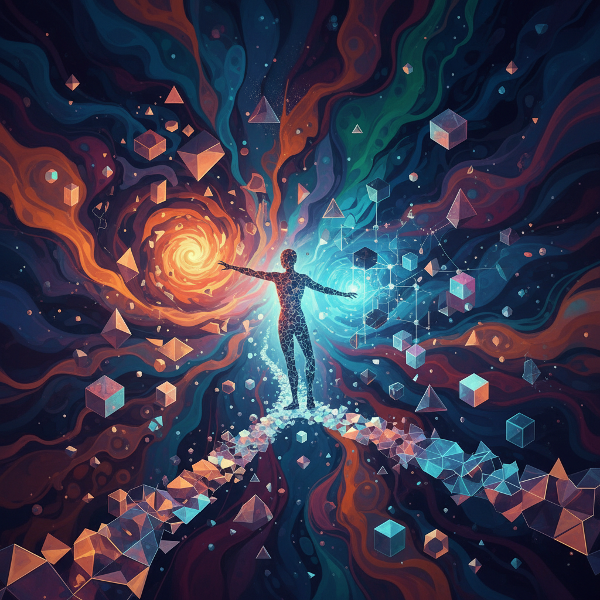Et abstrakt bilde som viser skjulte mønstre i kaos, med sirkulerende farger, geometriske former som dukker opp fra tilfeldigheter, og en person som navigerer mellom orden og flyt.