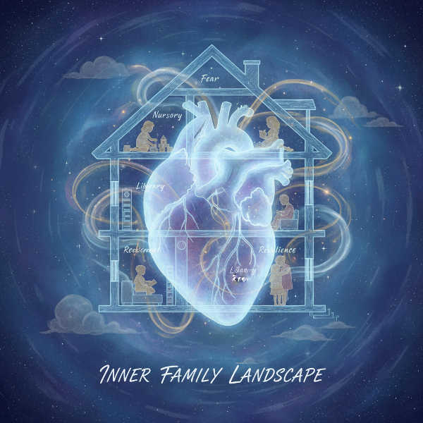 Et bilde som viser en families indre landskap som arkitektoniske planer over et hjerte, med barndomssilhuetter og følelsesmessige stier.