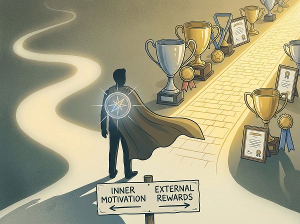 Et bilde som viser en person i et veiskille mellom en indre, glødende kompass og en sti dekorert med trofeer og utmerkelser, som symboliserer valget mellom indre motivasjon og ytre belønninger.