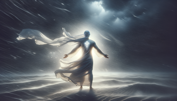 Et bilde som viser en person som står sterk og rolig i en storm, med et indre lys som symboliserer følelsesmessig robusthet og mestringsevne.