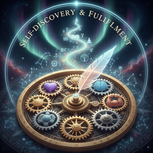 Et bilde av et symbolsk kompass med indre tannhjul som representerer verdier og motivasjoner, som lyser med eterisk lys og peker mot en sti av selvoppdagelse.