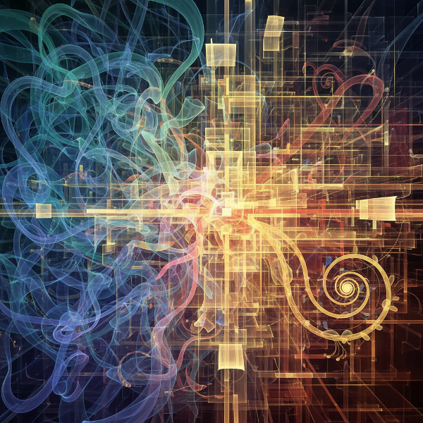 Et abstrakt bilde som viser usynlige forbindelser og skjulte mønstre i hverdagen, hvor kreativitet transformerer kaos til nye løsninger.