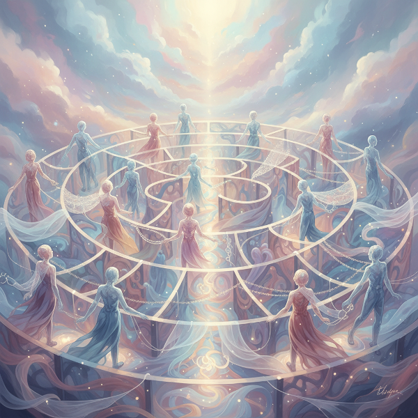 Et abstrakt bilde som viser usynlige spilleregler og sosiale dynamikker mellom mennesker, med et lett og symbolsk uttrykk.