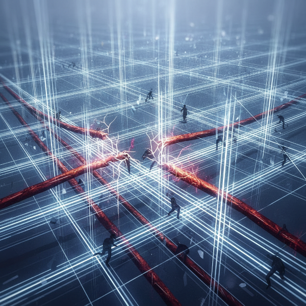 Et abstrakt bilde som viser usynlige sosiale normer som et komplekst nett eller et gitter, der noen tråder brytes eller utfordres.