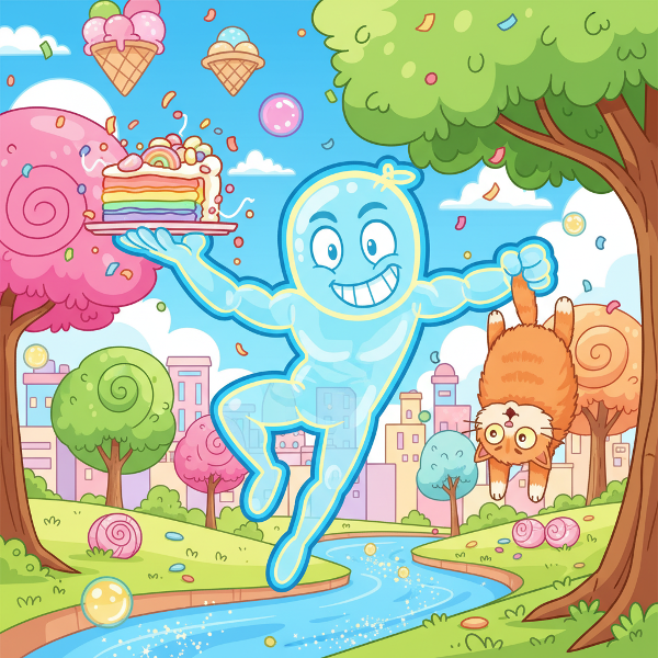 En morsom tegneseriestil av en usynlig superhelt i en humoristisk situasjon, med lyst fargebruk.