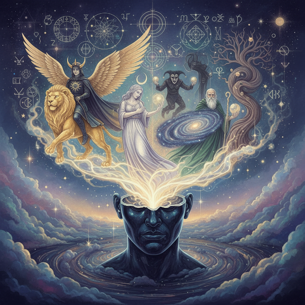 Et symbolsk, drømmeaktig bilde som viser Jungianske arketyper som stiger frem fra et menneskes psyke, med en eterisk og mystisk atmosfære.