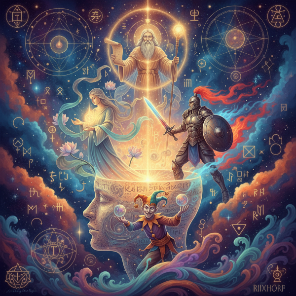 Et mystisk bilde som viser Jungianske arketyper som stråler ut fra et menneskes sinn i et drømmeaktig, kosmisk landskap.