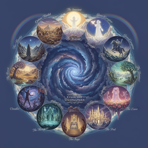Et symbolsk kart som viser tolv arketypiske figurer i et mystisk landskap som representerer det kollektive ubevisste.