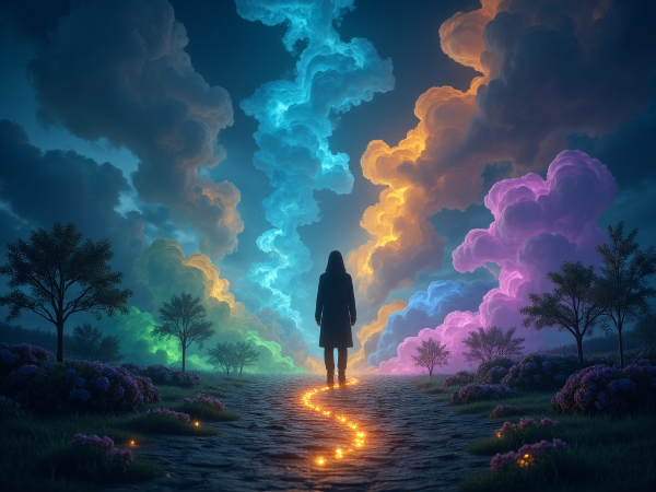 Et bilde som viser en person ved et veikryss med flere glødende stier som representerer livsvalg, i et mystisk landskap.