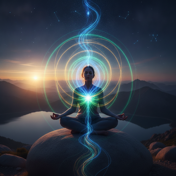 En person i meditasjon med fargerikt glødende energifelt rundt seg, som symboliserer forbindelsen mellom sinn og kropp.