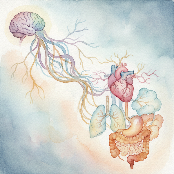 Et abstrakt bilde som viser sammenhengen mellom sinn og kropp, med følelser som strømmer over i fysiske former.