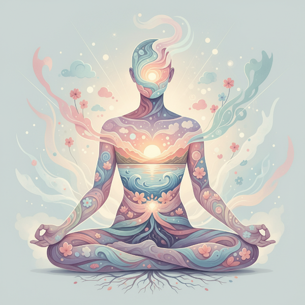 Et bilde som viser hvordan følelser og kropp henger sammen, med et indre landskap som smelter sammen med en menneskekropp i myke farger.