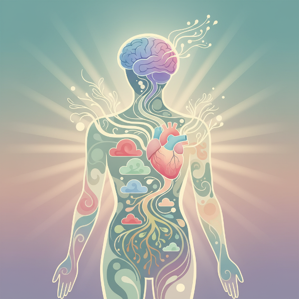 Et abstrakt bilde som viser sammenhengen mellom tanker, følelser og kroppslig helse med myke farger og symboler for sinn-kropp-forbindelse.