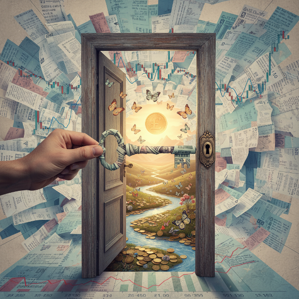 Et surrealistisk bilde som viser en nøkkel av penger som låser opp en dør til frihet og selvrealisering, med et bakteppe av økonomiske mønstre.