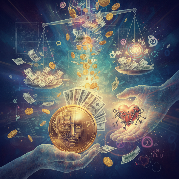 Et surrealistisk bilde der penger forvandles til psykologiske symboler, med speilbilder i mynter, hender som holder både kontanter og følelsesladede objekter, og arkitektoniske elementer som smelter sammen.