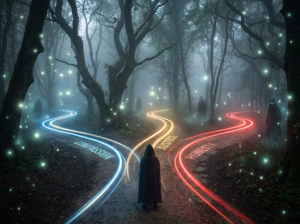 Et bilde av en person ved et veikryss med lysende stier som representerer ulike moralske valg, med skyggeaktige figurer i tåken som symboliserer samfunnets dom og usynlige konsekvenser.