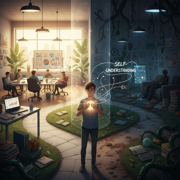 Et bilde som viser en person i et valg mellom motivasjon og utsettelse, med to ulike veier som symboliserer energi og treghet.