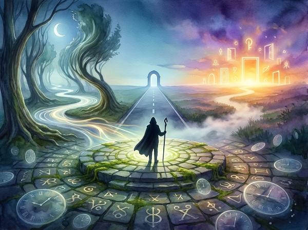 Et bilde som viser en person ved et veikryss med ulike stier som symboliserer forskjellige tilnærminger til forandring: stabilitet, flyt og muligheter.