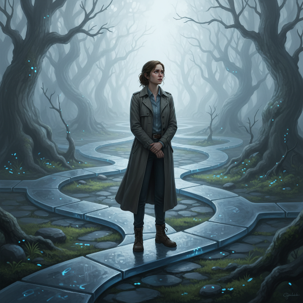 Et bilde som viser en person ved et veikryss med gjennomsiktige, skiftende stier i et tåkete landskap, som symboliserer usikkerhet og valg i relasjoner.