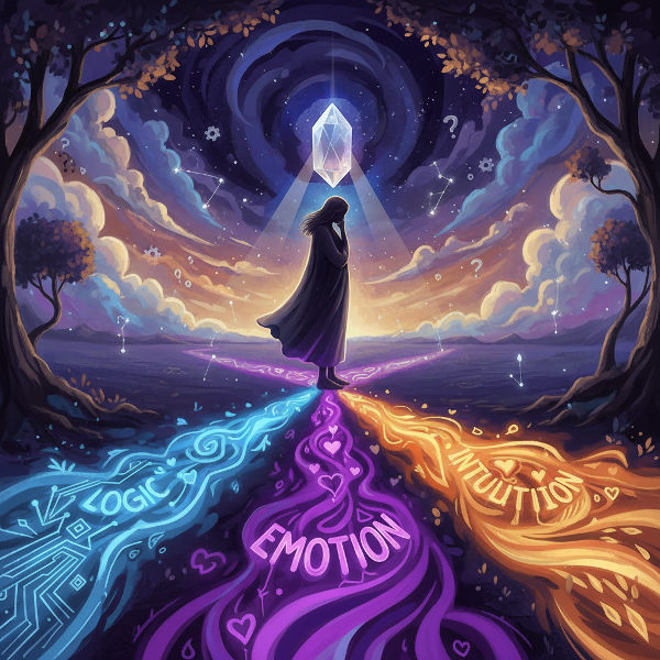 Et bilde som viser en person ved et veikryss med flere mulige stier, der hver sti representerer en annen beslutningsmåte som logikk, intuisjon eller følelser.