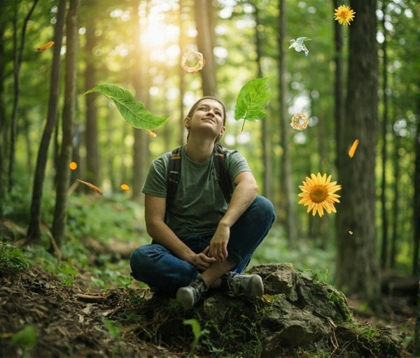 En person i harmoni med naturen, omgitt av grønne trær og symboler på miljøbevissthet og mental helse.