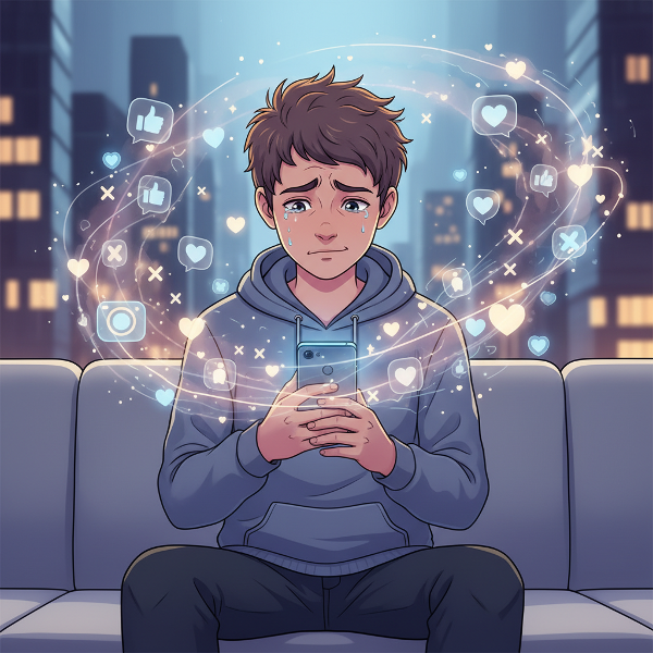 Et bilde som viser en person i en digital verden, omgitt av sosiale medier-symboler som flyter i luften, og som reflekterer både tilkobling og indre følelser.