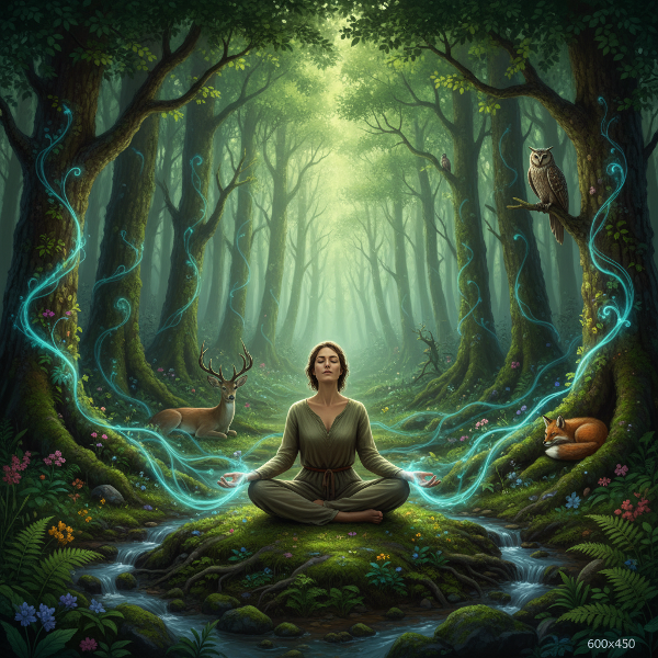 Et bilde av en person i meditasjon i en frodig skog, med energilinjer som forbinder dem til naturen, som symboliserer økologisk bevissthet og psykisk velvære.