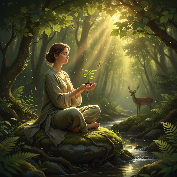Et bilde av en person som mediterer i en frodig skog, med sollys som skinner gjennom løvet, og holder på et spirende frø, som symboliserer tilknytning til naturen og økologisk bevissthet.