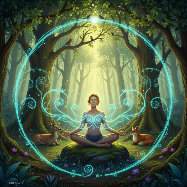 Et bilde av en person i meditasjon i en frodig skog, med en visuell forbindelse mellom menneske og natur som symboliserer økologisk bevissthet og psykisk velvære.