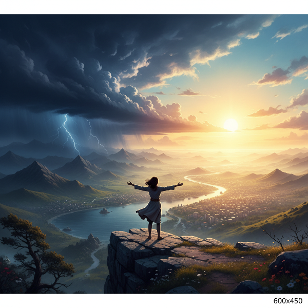 En person står på en klippe og ser over et landskap med storm og sol, som symboliserer psykologisk fleksibilitet og vekst.