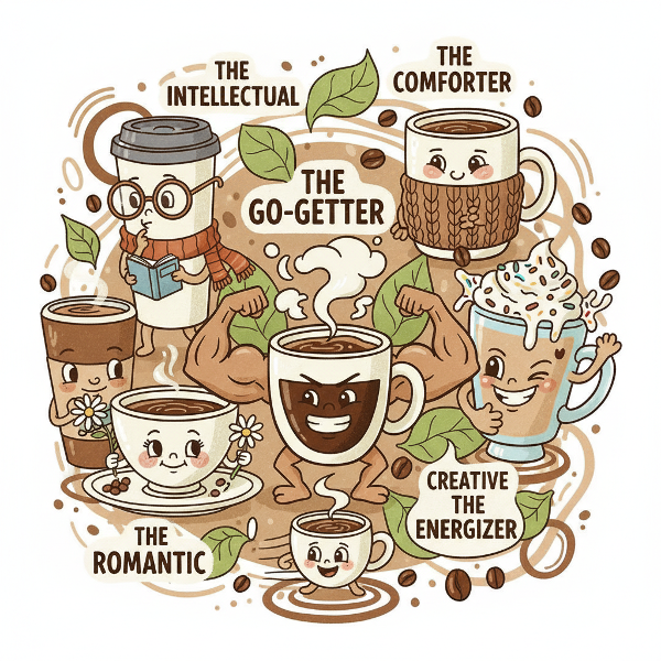 En fargerik og morsom illustrasjon av ulike kaffekopper med personligheter som symboliserer forskjellige menneskelige trekk og energinivåer.