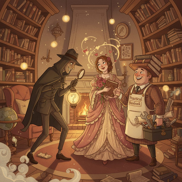 En morsom illustrasjon av personifiserte bøker i ulike sjangere som representerer personlighetstyper i et hyggelig bibliotek.