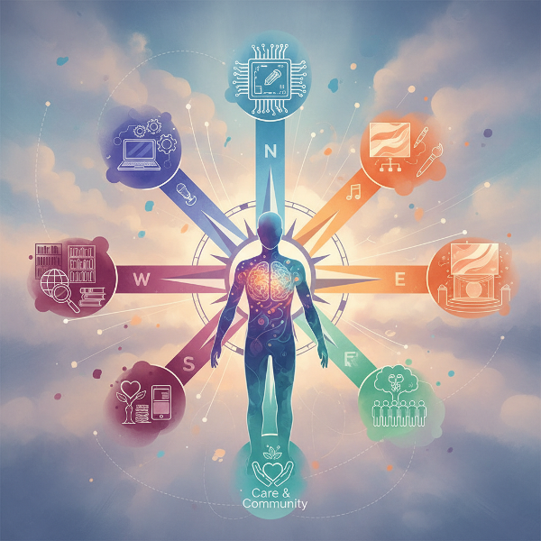 Et bilde som viser en person i et veikryss med ulike karriereveier som stråler ut som en kompassrose, der abstrakte tankekart blandes med profesjonelle symboler i myke fargeoverganger.