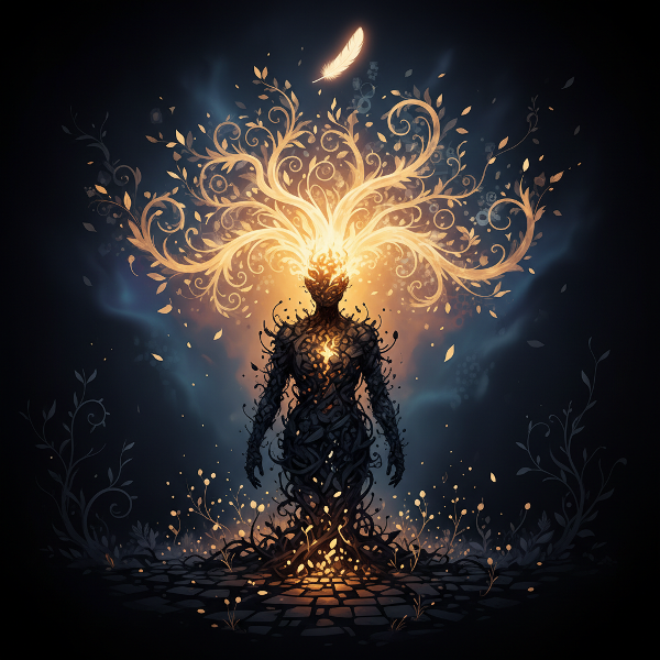 Et abstrakt bilde som viser en persons reise gjennom utfordringer, med symboler på motstandskraft, tilpasning og vekst fra mørke til lys.