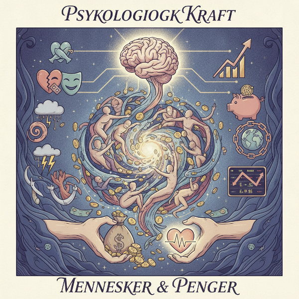 Et bilde som kombinerer menneskesilhuetter med mynter og grafer, illustrerer hvordan penger påvirker følelser og beslutninger.