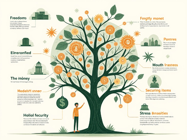 Et abstrakt bilde som symboliserer det komplekse forholdet mellom følelser, tanker og handlinger knyttet til penger, med visuelle elementer som representerer frihet, sikkerhet, stress og makt.