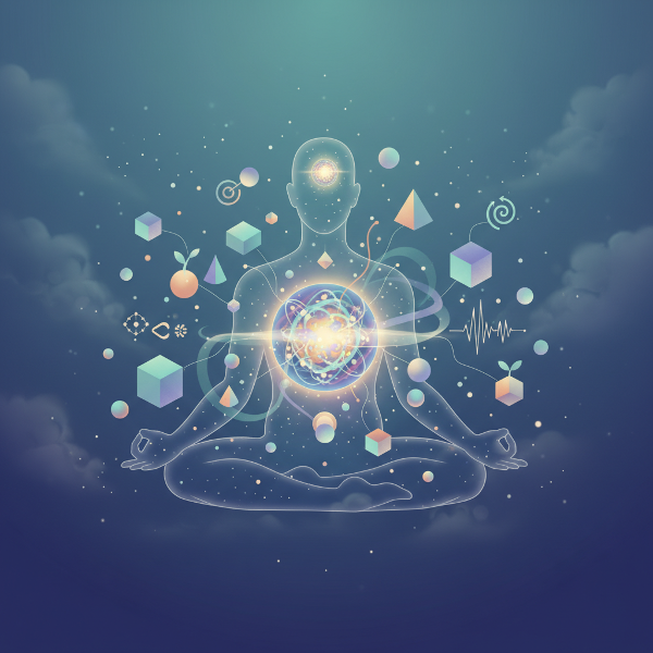 Et bilde som viser en menneskesilhuett med en glødende, kompleks kjerne i midten, omgitt av abstrakte former og symboler som representerer psykologiske trekk og prosesser.