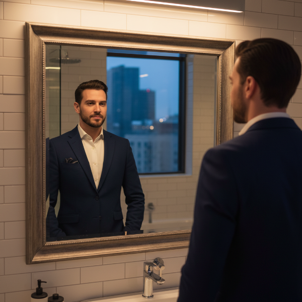 En person som reflekterer over seg selv i et speil, symboliserer selvtillit og selvaksept.
