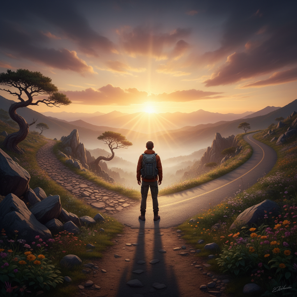 Et bilde som symboliserer psykisk fleksibilitet og veivalg etter utfordringer, med fokus på motstandskraft og håp om vekst.