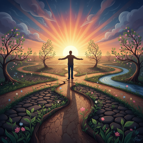 Et bilde som symboliserer veivalg og vekst etter utfordringer, med en person som står overfor nye muligheter mot en lys fremtid.
