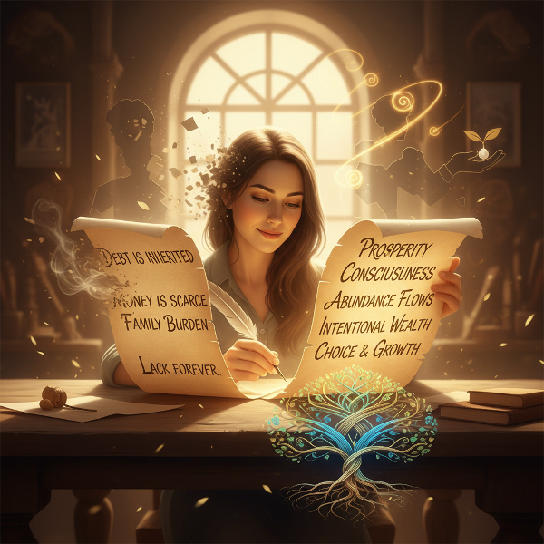 Et bilde som viser en person som aktivt omskriver sitt forhold til penger, med gamle familiemønstre som transformeres til bevisste valg.