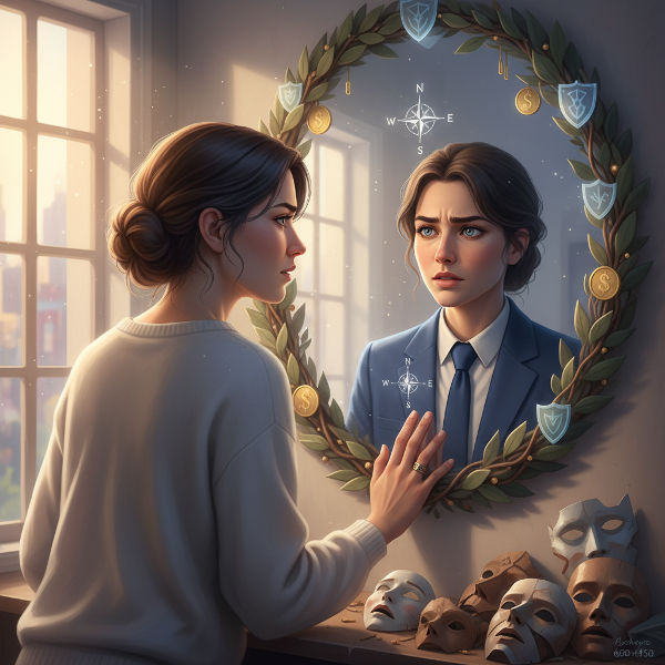 Et bilde av en person som betrakter sitt eget speilbilde, med symboler for selvtillit og identitet i et varmt, inderlig lys.