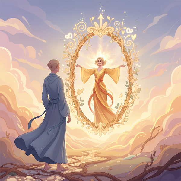 Et bilde som viser en person i refleksjon, der speilbildet symboliserer positiv selvfølelse og indre styrke.